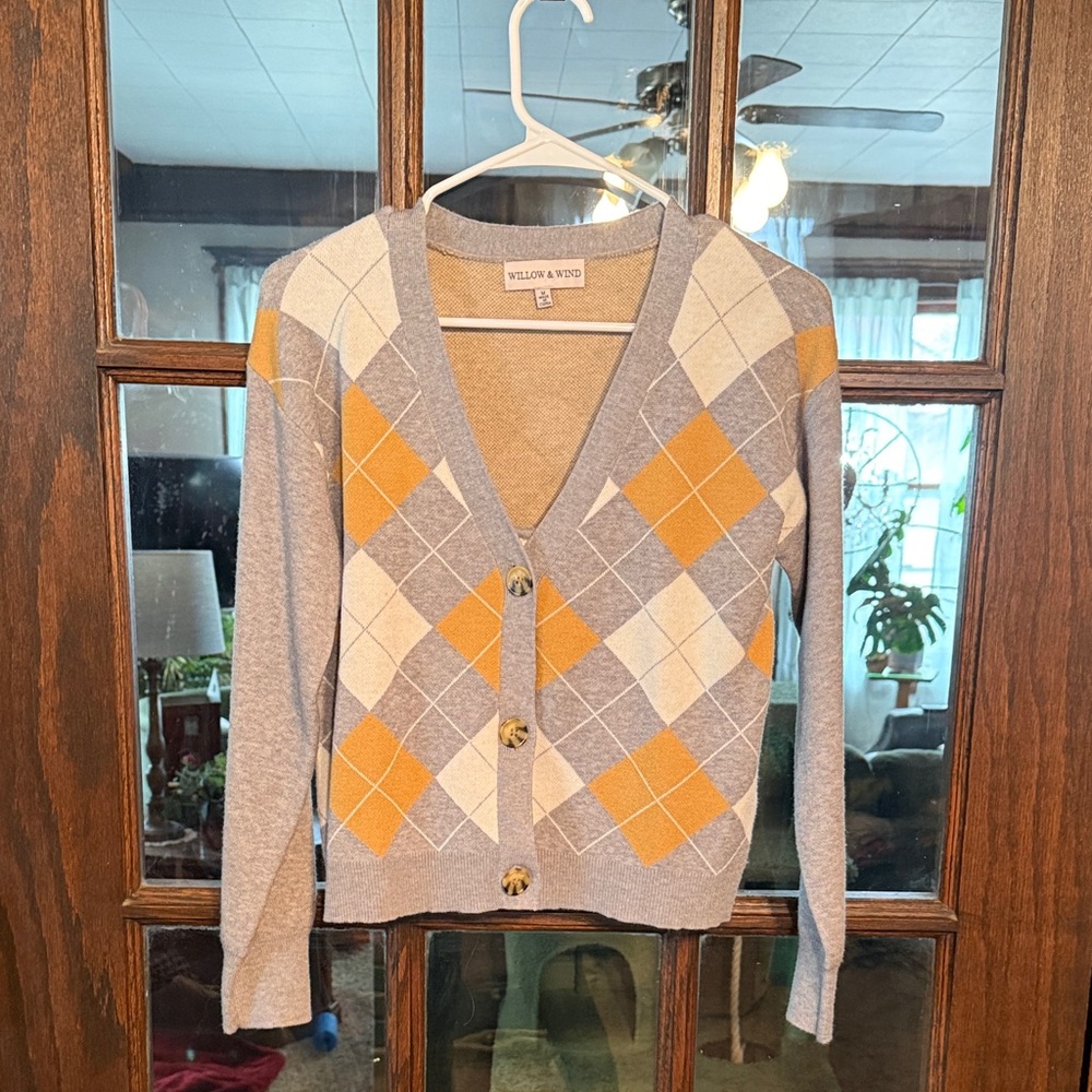 Yellow & Gray Argyle Cardigan Sweater